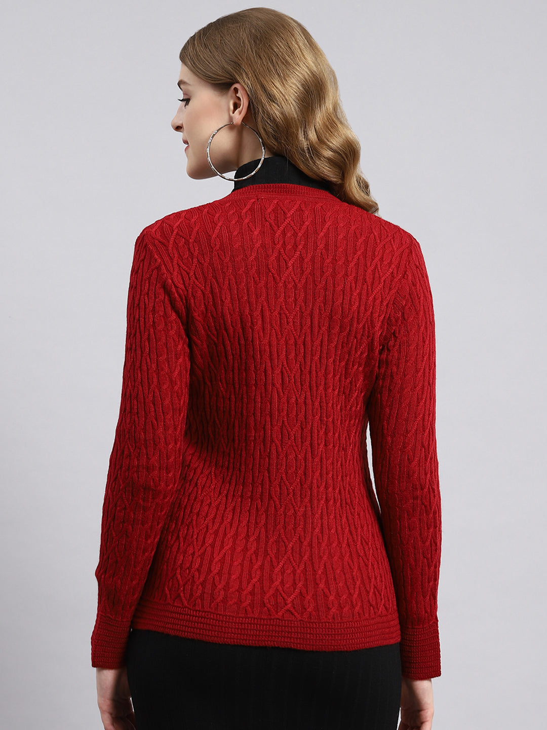 Women Red Self Cardigan