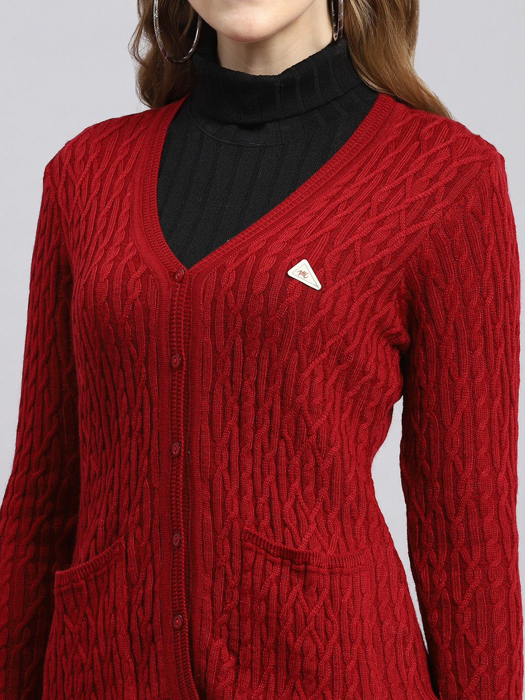 Women Red Self Cardigan