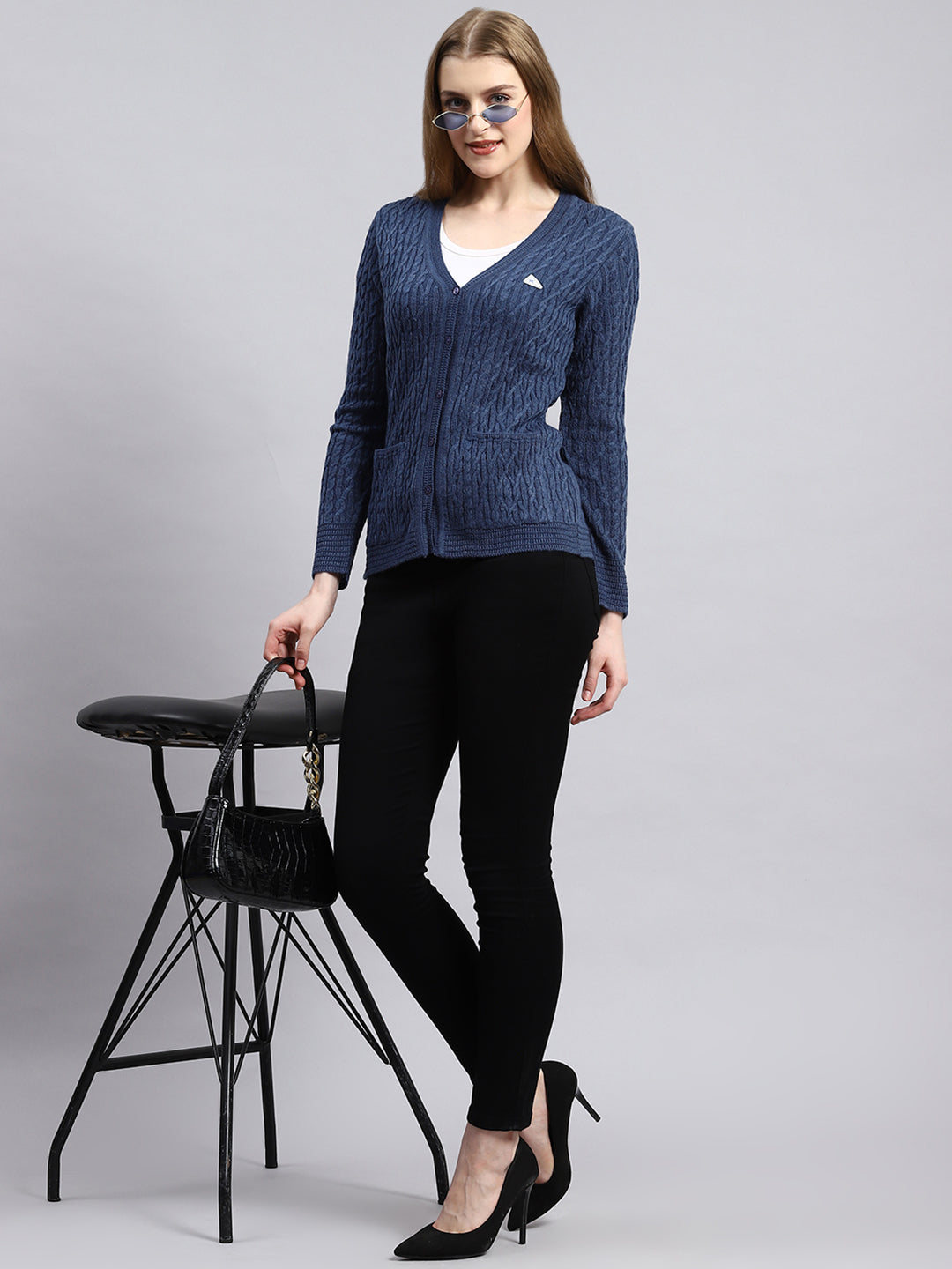 Women Blue Self Cardigan