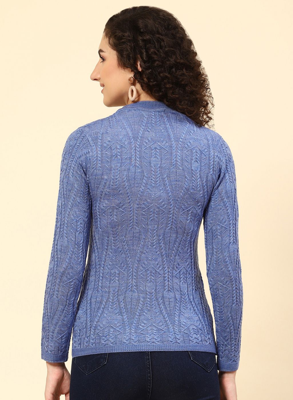 Women Blue Self Design Wool blend Cardigan