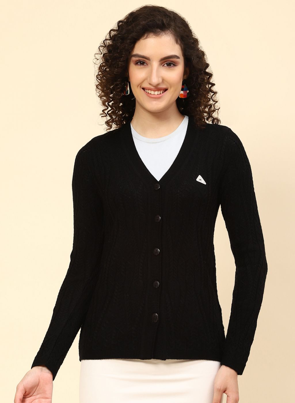 Women Black Self Design Wool blend Cardigan