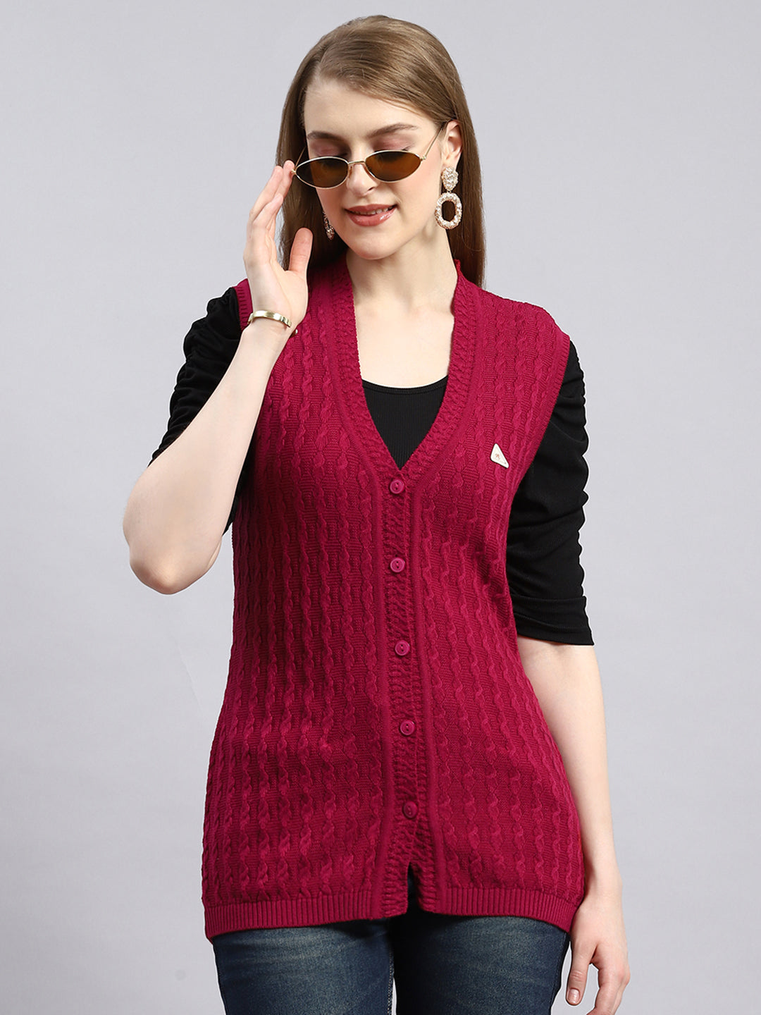 Women Pink Self Cardigan