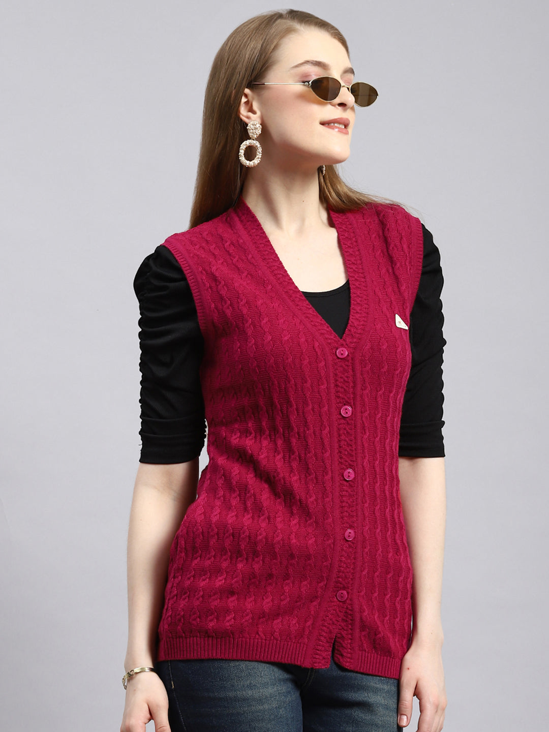 Women Pink Self Cardigan