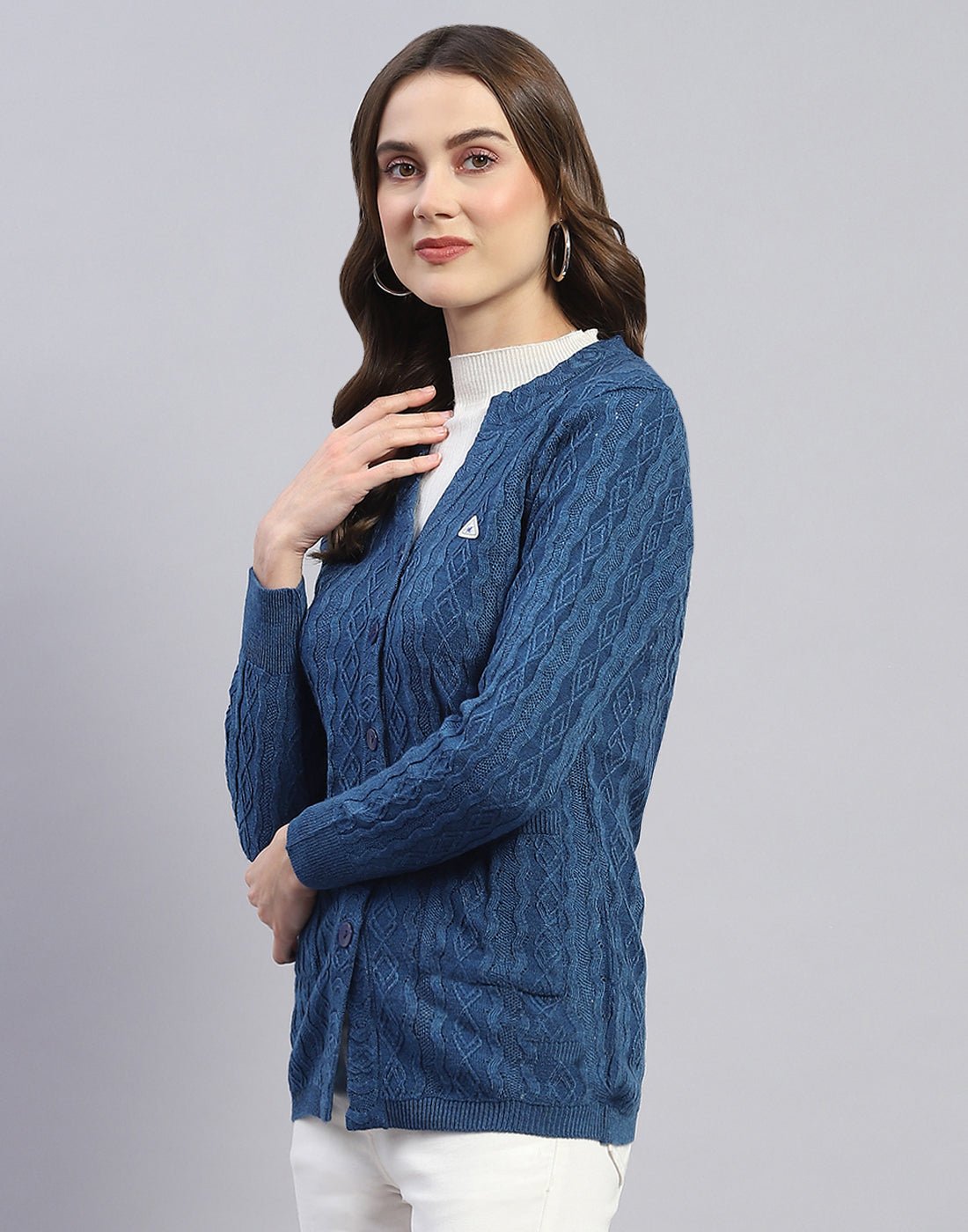 Women Blue Self Design V Neck Full Sleeve Cardigan