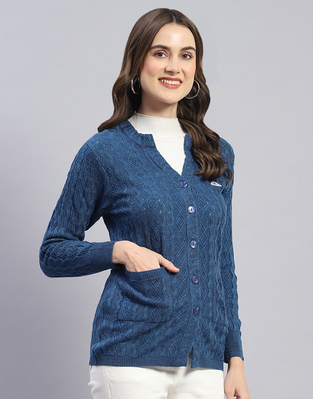 Women Blue Self Design V Neck Full Sleeve Cardigan