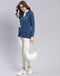 Women Blue Self Design V Neck Full Sleeve Cardigan
