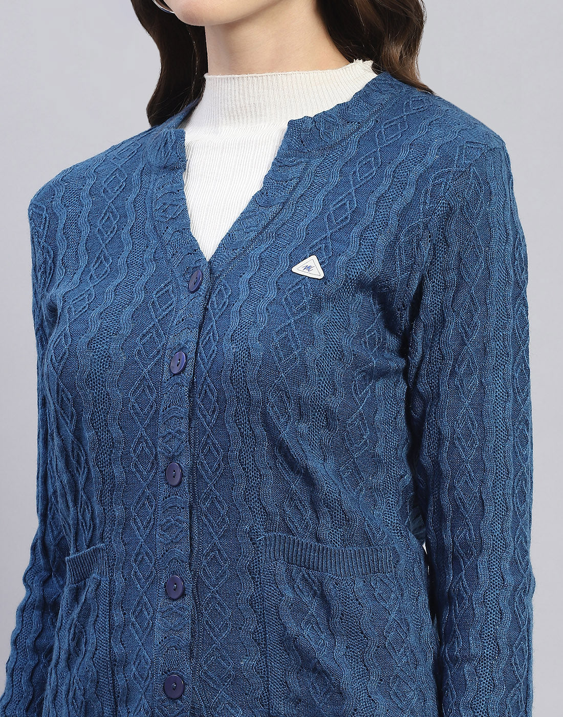 Women Blue Self Design V Neck Full Sleeve Cardigan