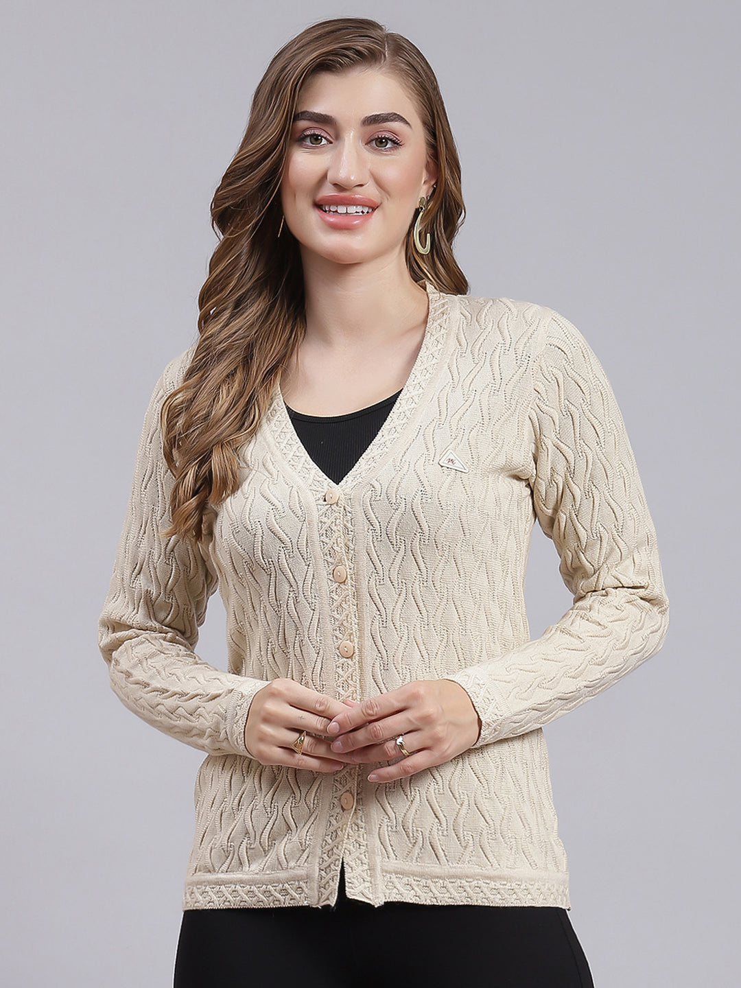Women Beige Self Design Wool blend Cardigan