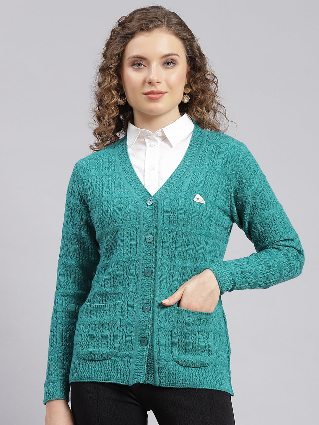 Women Sea Green Self Design Wool blend Cardigan