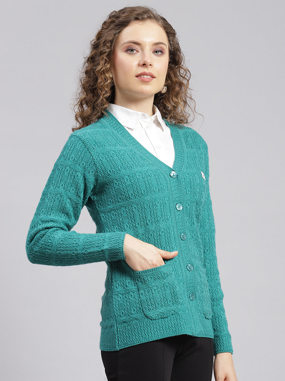 Women Sea Green Self Design Wool blend Cardigan
