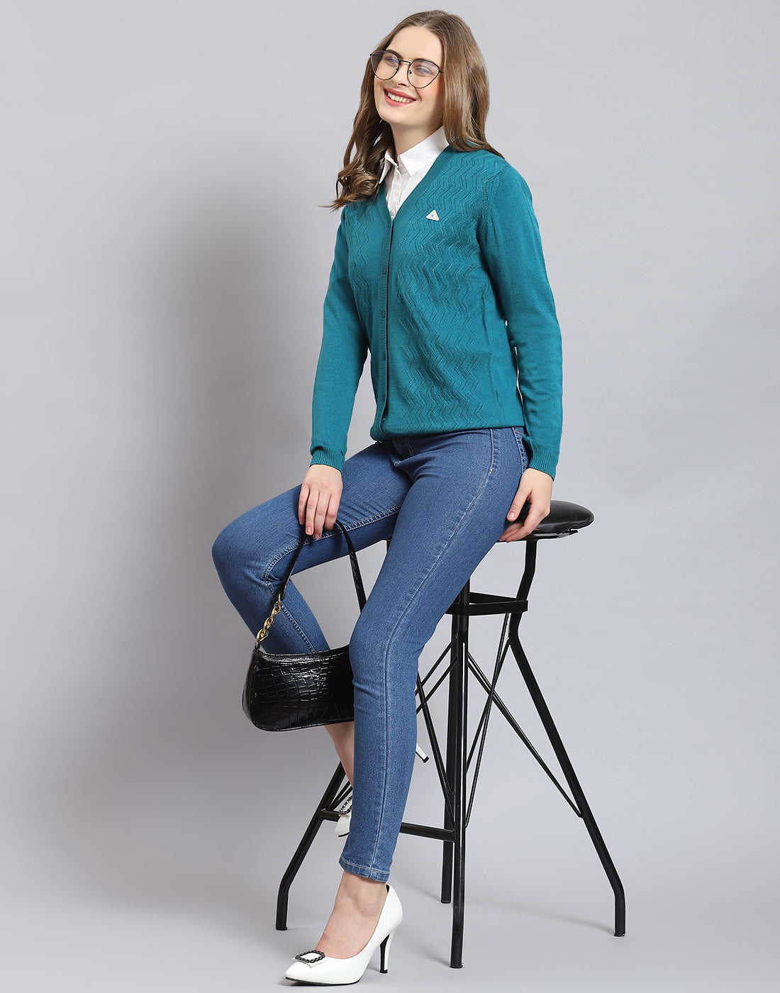 Women Turquoise Blue Self Design V Neck Full Sleeve Cardigan