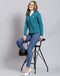 Women Turquoise Blue Self Design V Neck Full Sleeve Cardigan