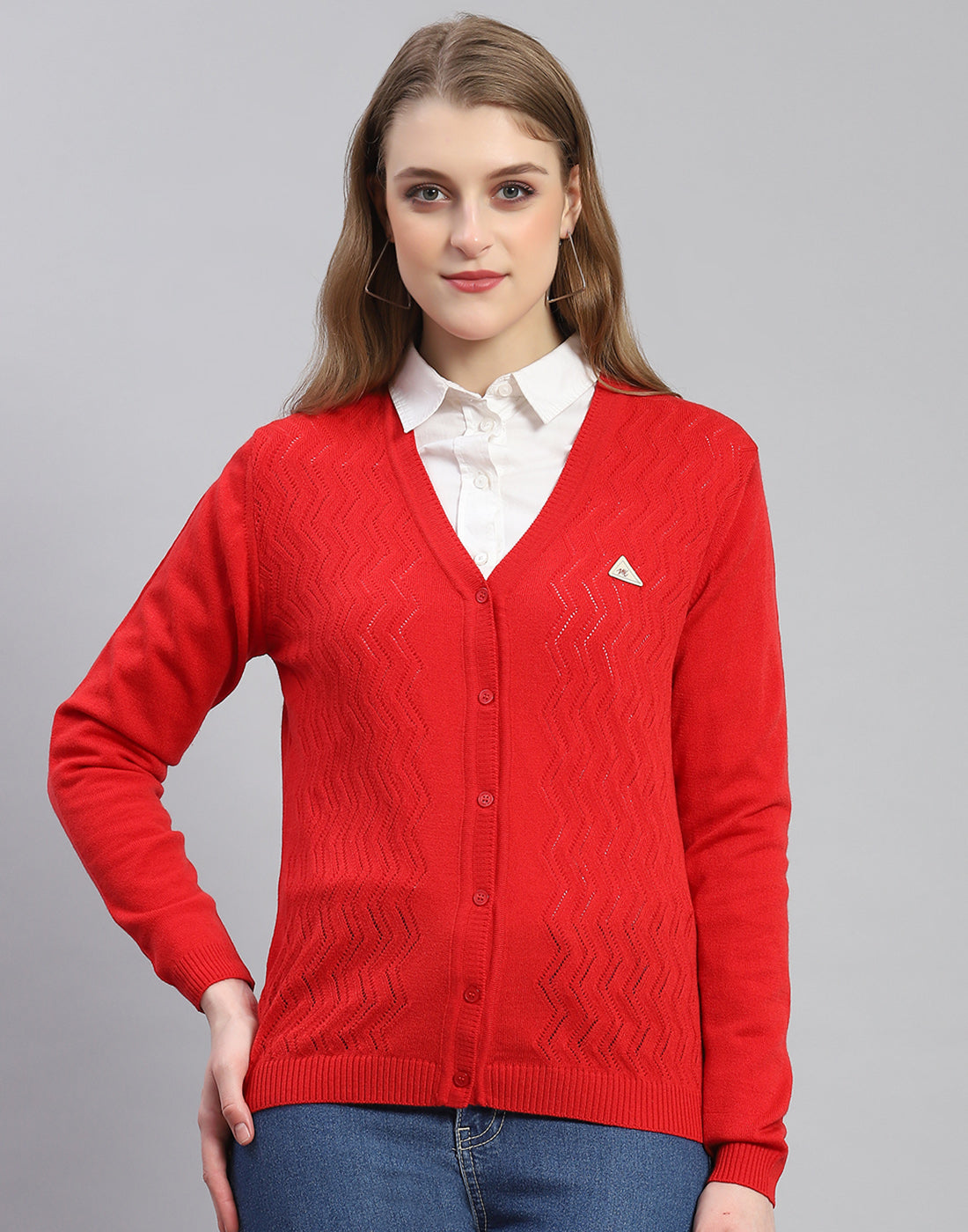 Women Red Self Design V Neck Full Sleeve Cardigan