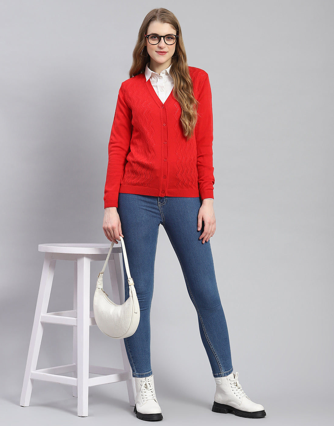 Women Red Self Design V Neck Full Sleeve Cardigan