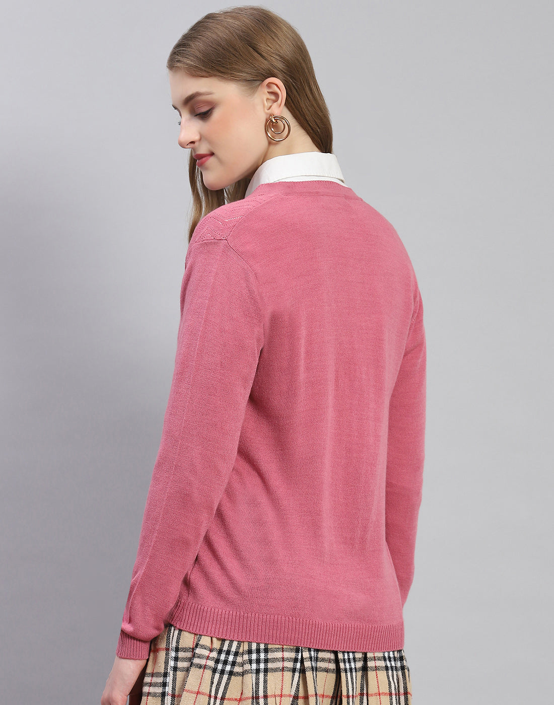 Women Pink Self Design V Neck Full Sleeve Cardigan