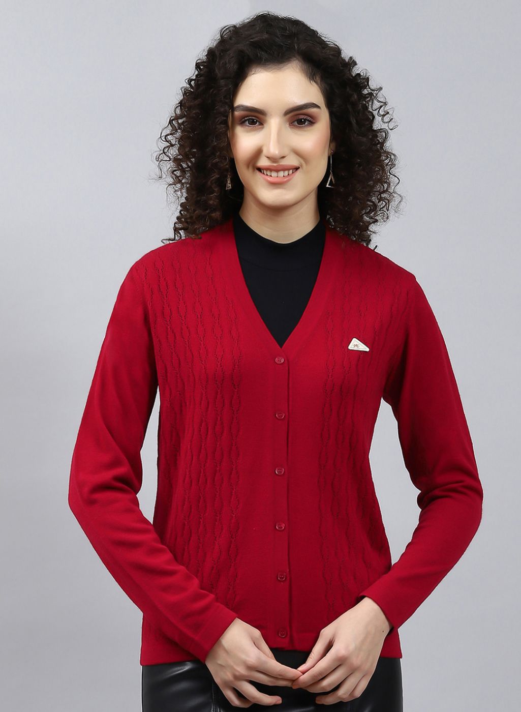 Women Red Self Design Wool blend Cardigan