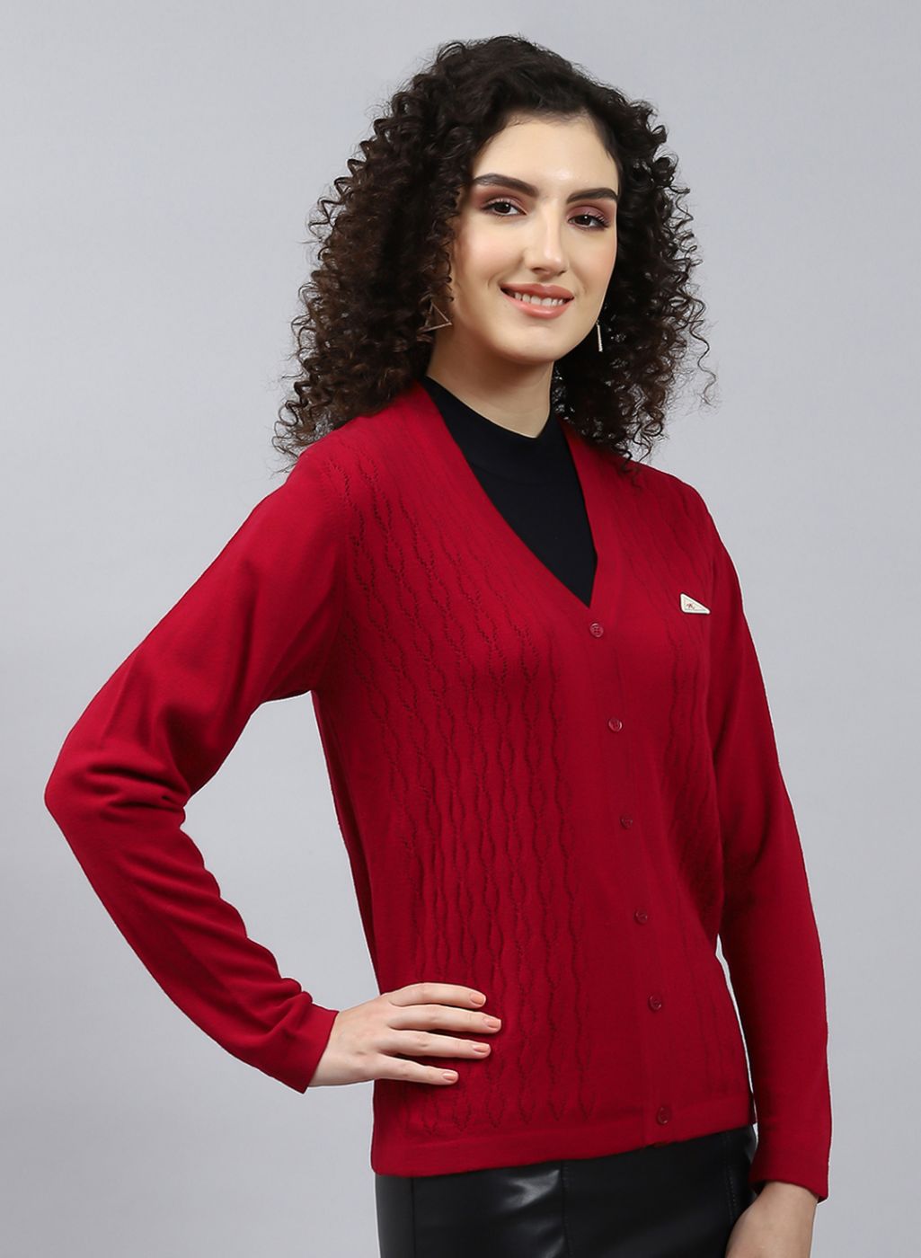 Women Red Self Design Wool blend Cardigan