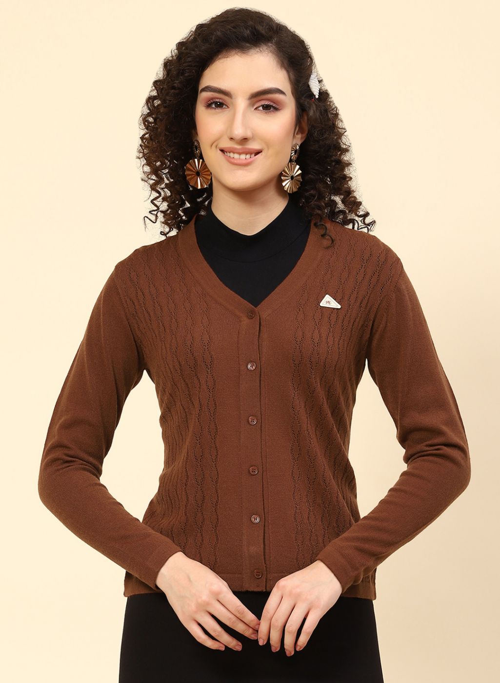 Women Brown Self Design Wool blend Cardigan