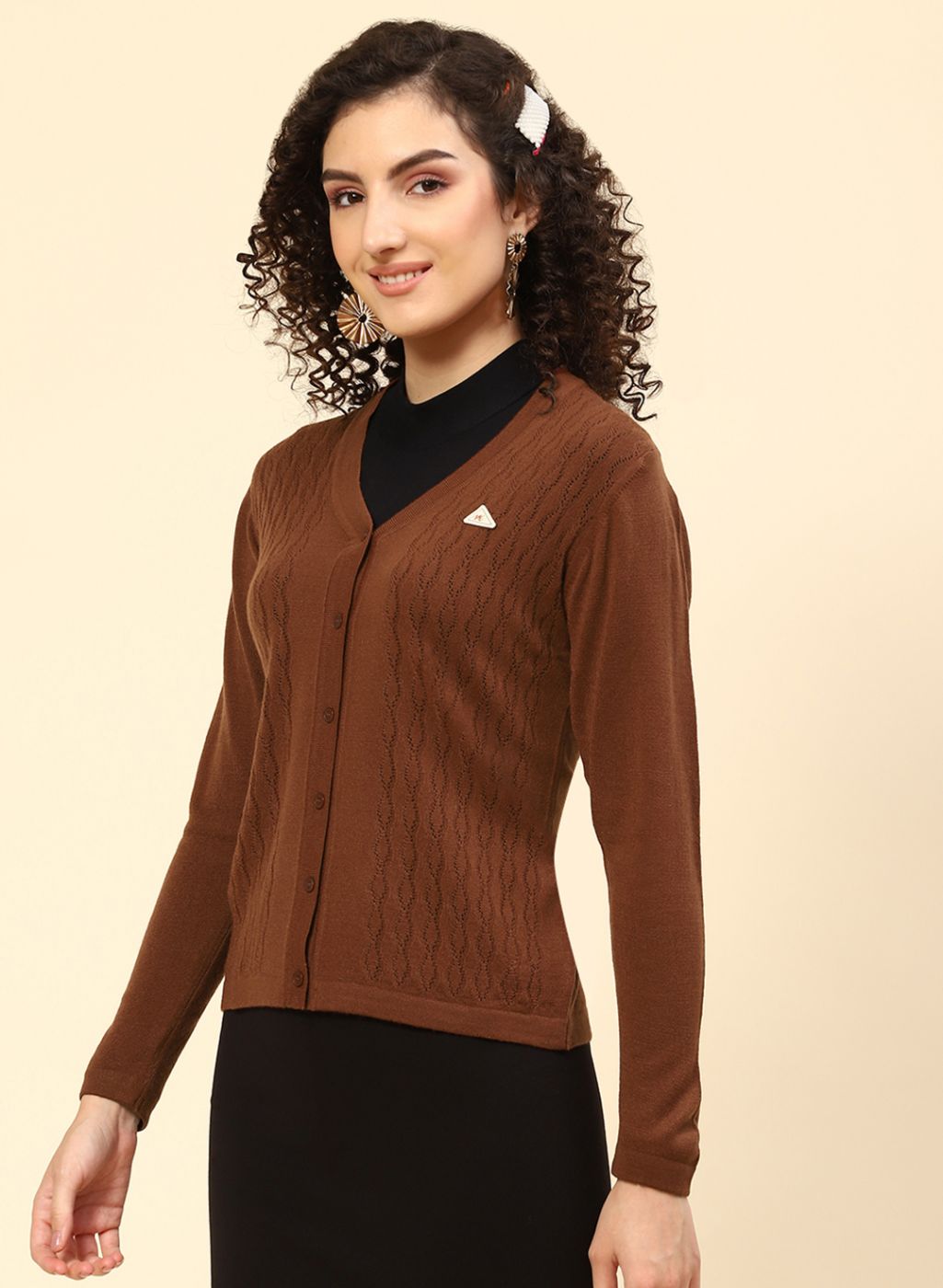 Women Brown Self Design Wool blend Cardigan