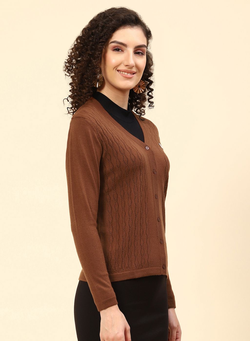 Women Brown Self Design Wool blend Cardigan