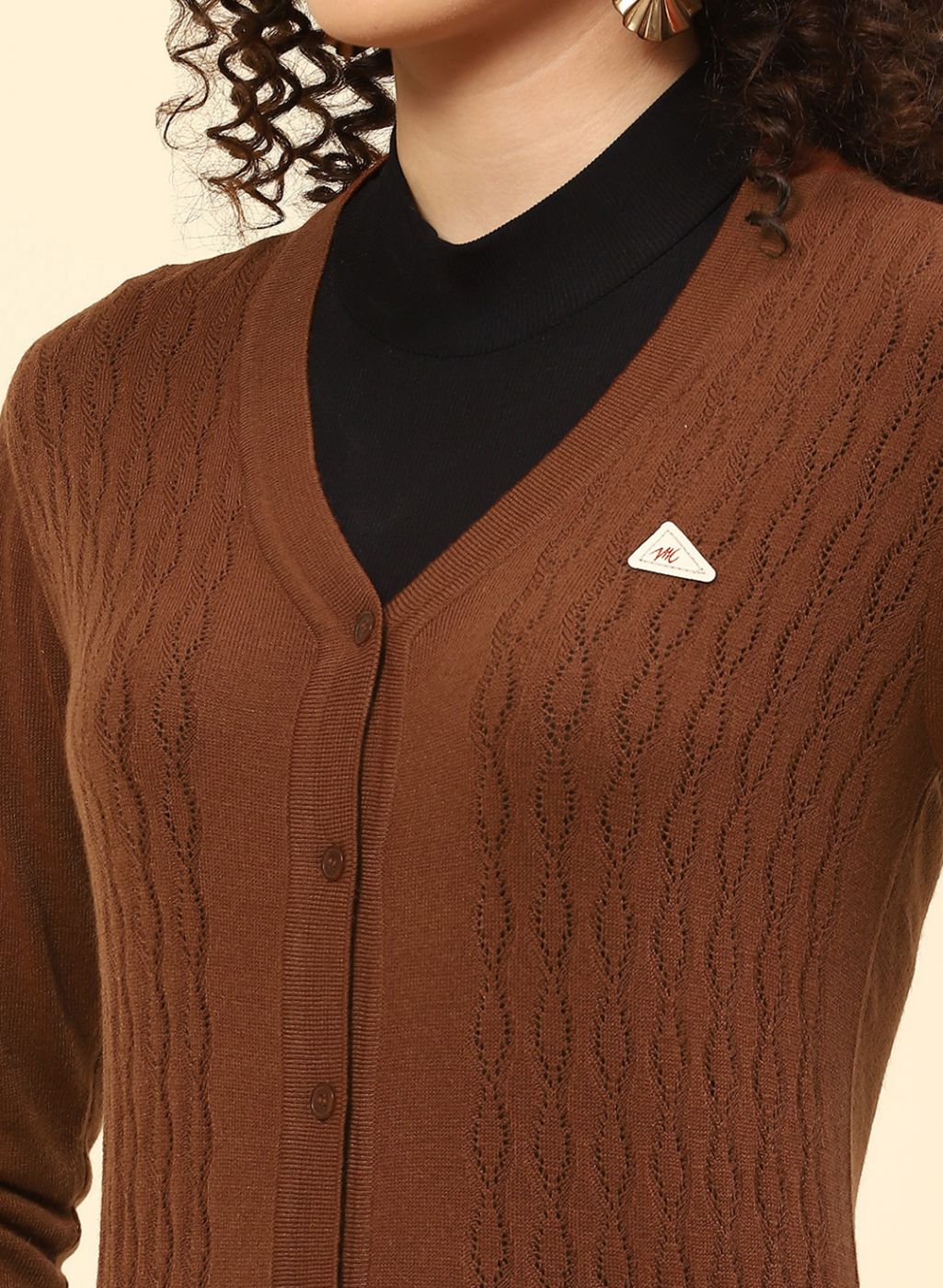 Women Brown Self Design Wool blend Cardigan