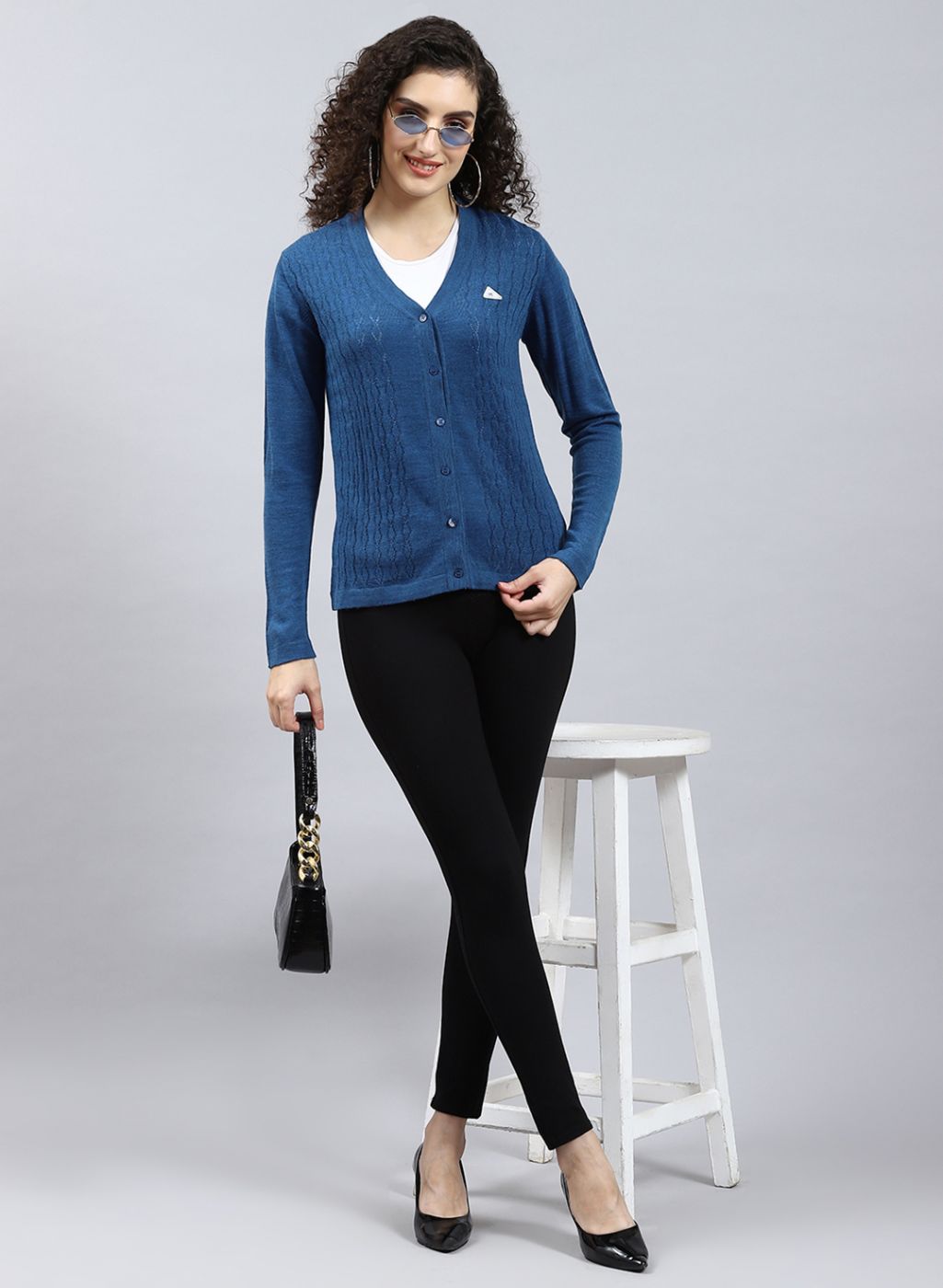 Women Blue Self Design Wool blend Cardigan