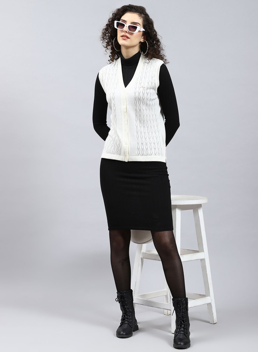 Women Off White Self Design Wool blend Cardigan