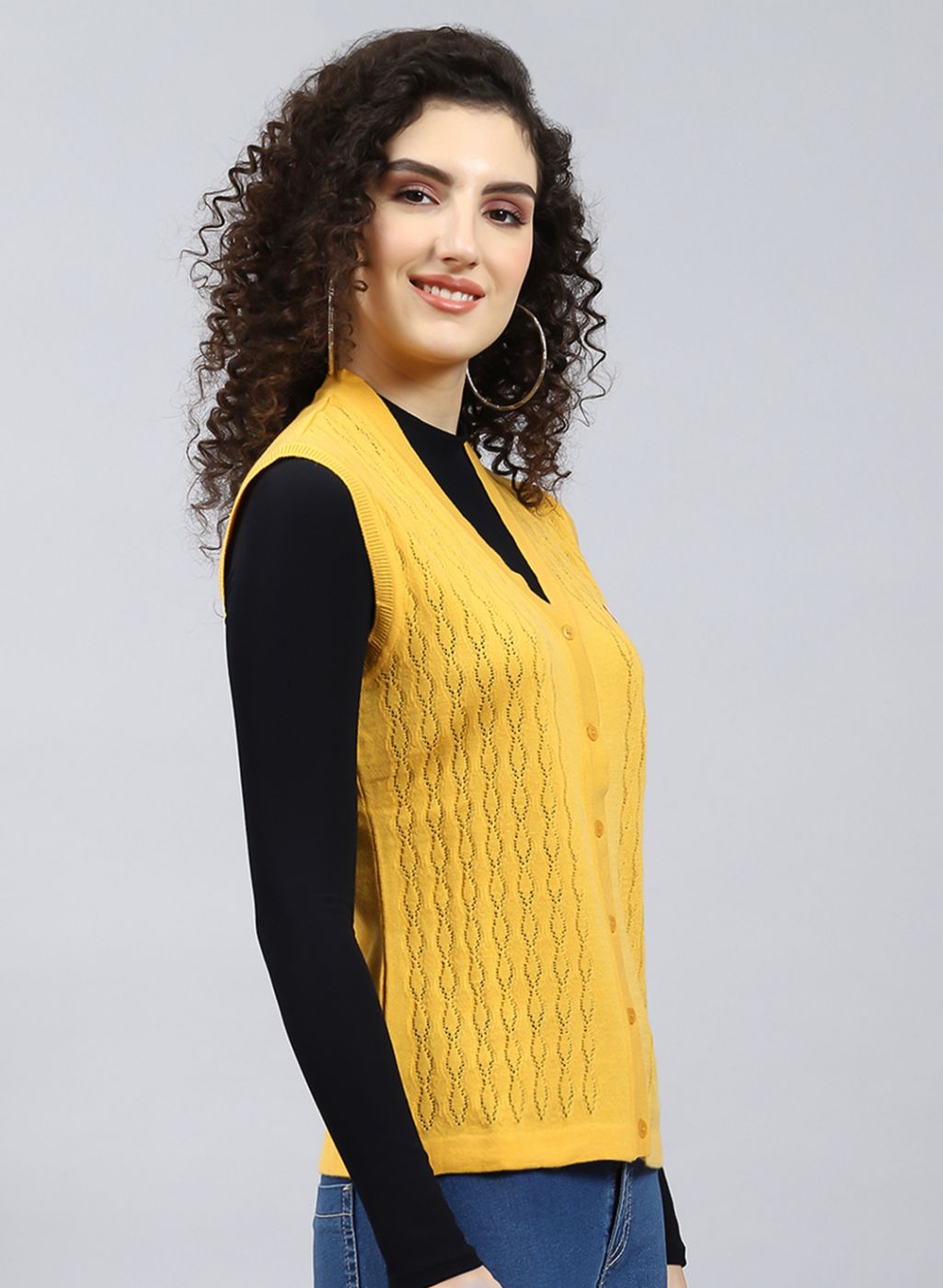 Women Yellow Self Design Wool blend Cardigan