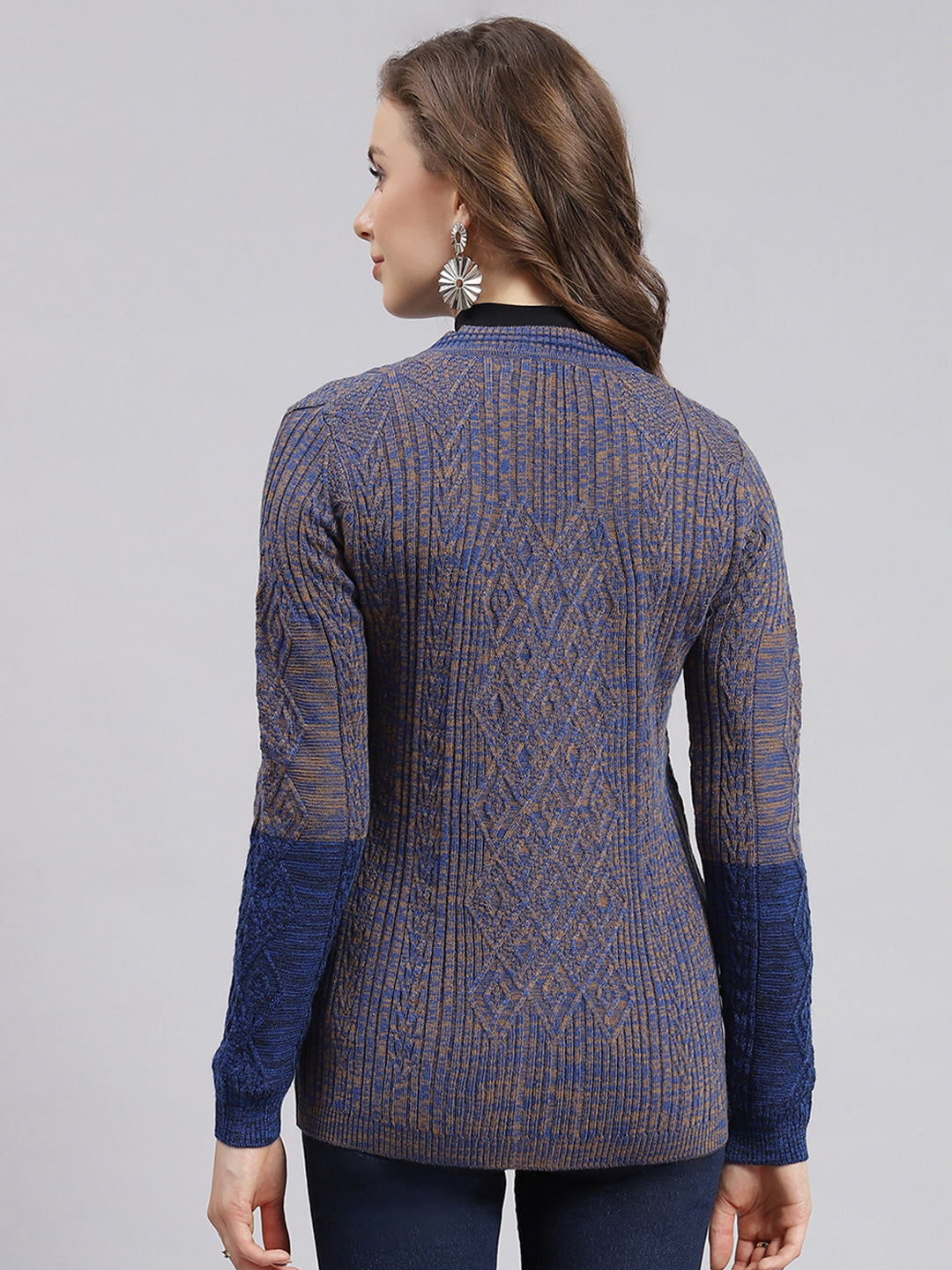 Women Blue Jaquard Wool blend Cardigan