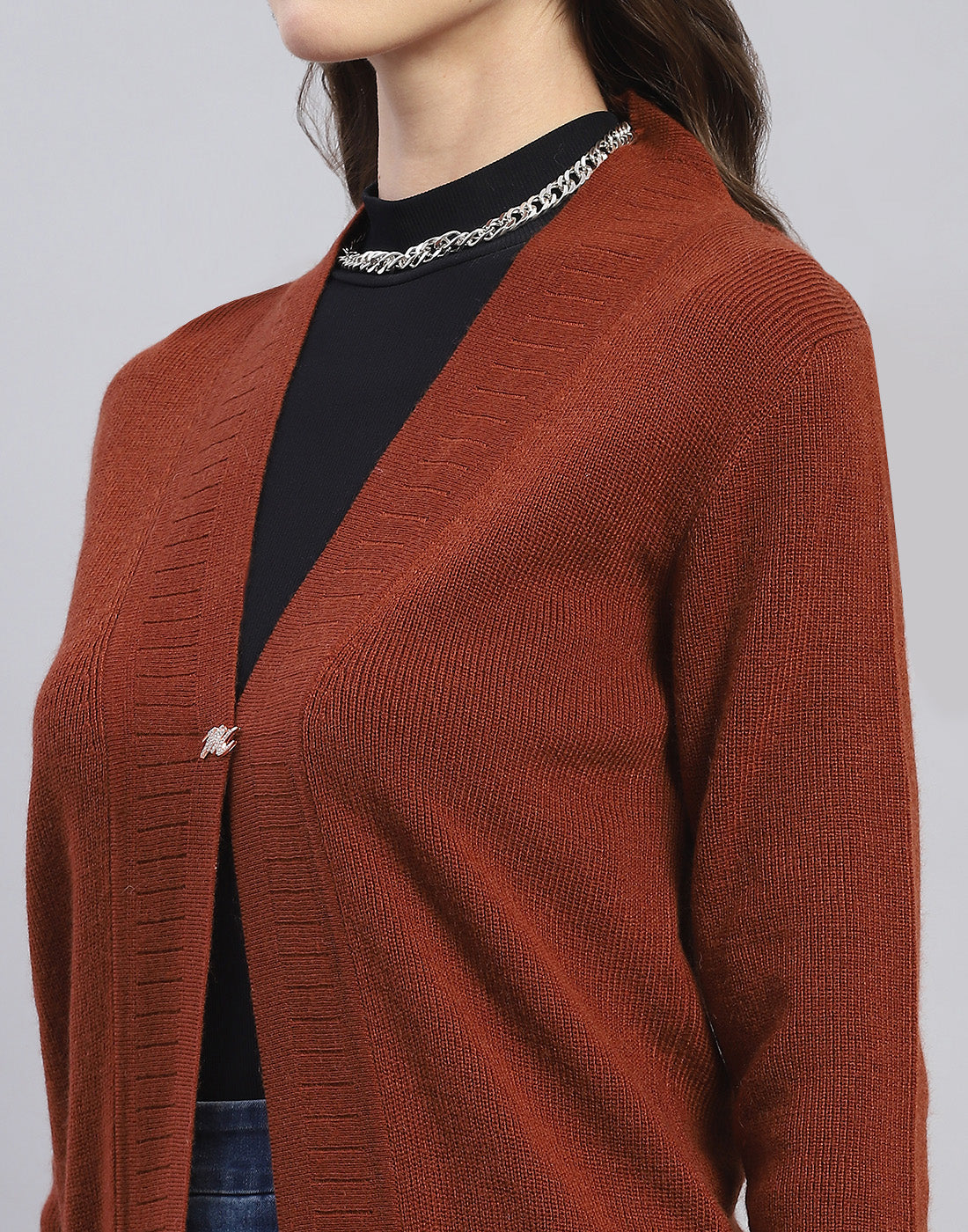 Women Brown Self Design V Neck Full Sleeve Cardigan