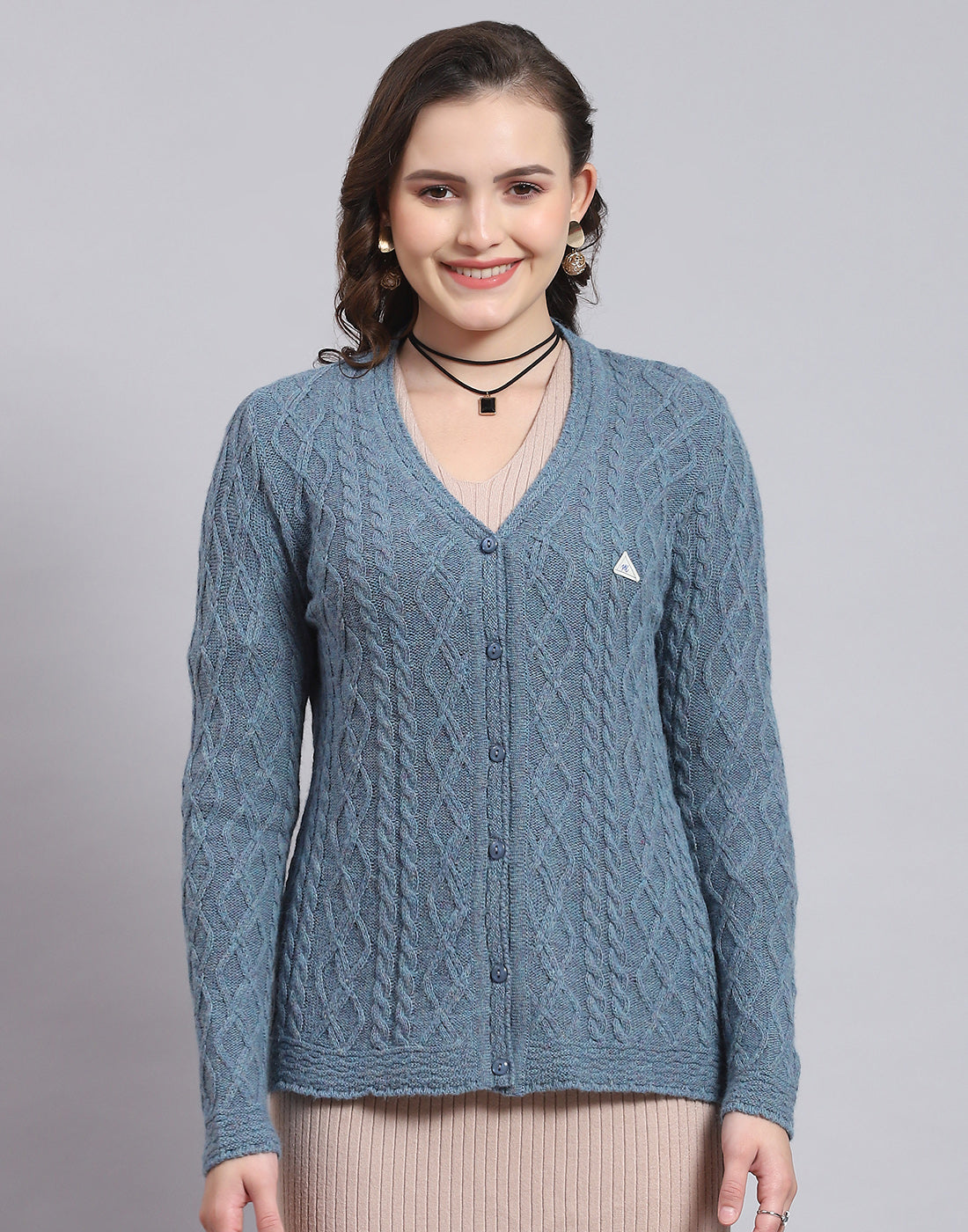Women Blue Self Design V Neck Full Sleeve Sweater