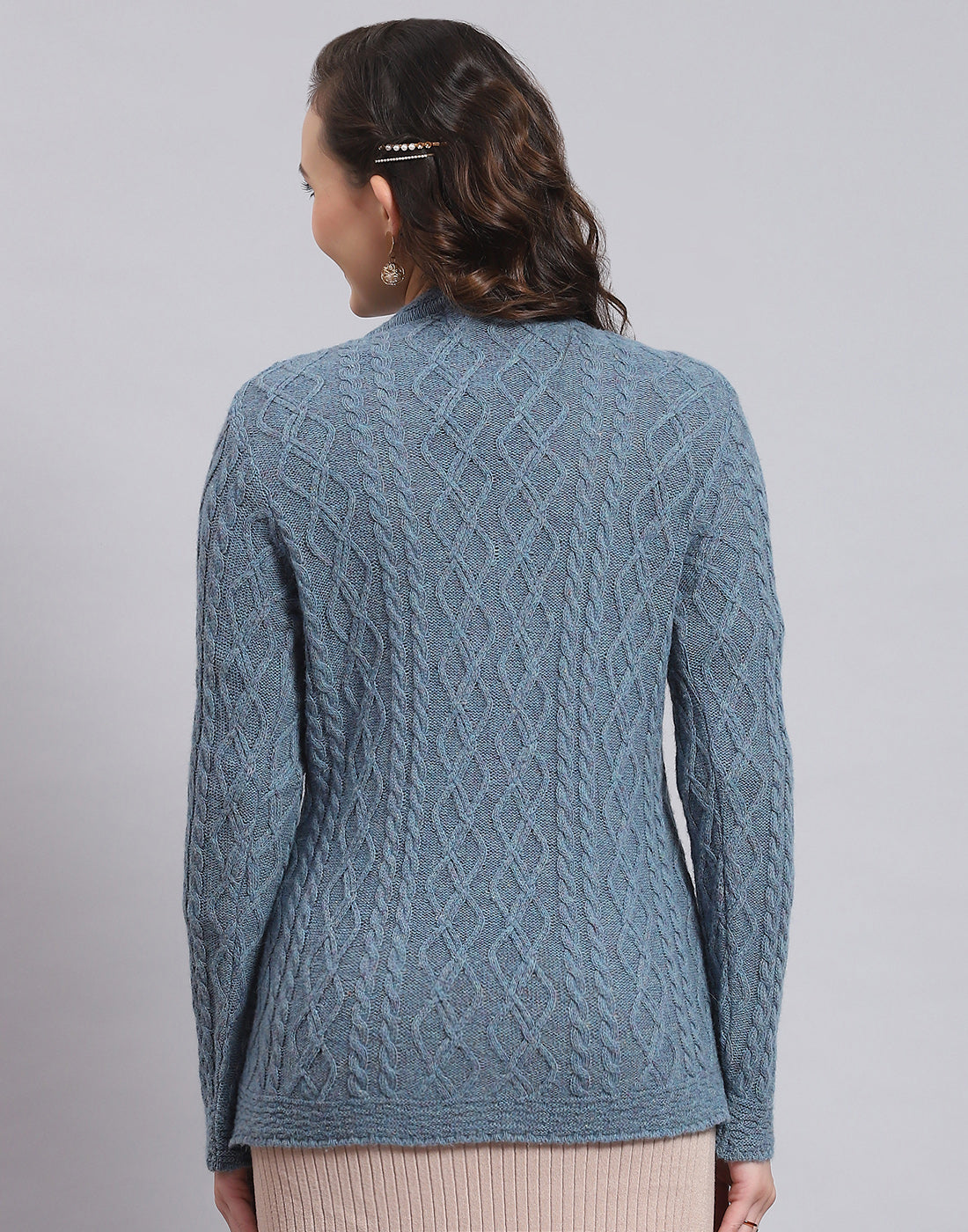 Women Blue Self Design V Neck Full Sleeve Sweater