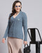 Women Blue Self Design V Neck Full Sleeve Sweater