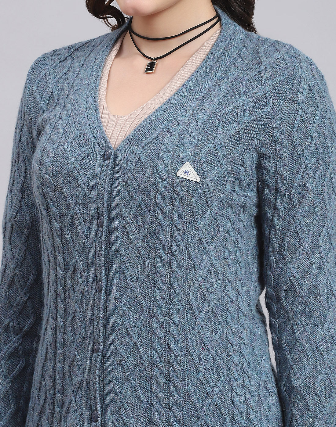 Women Blue Self Design V Neck Full Sleeve Sweater