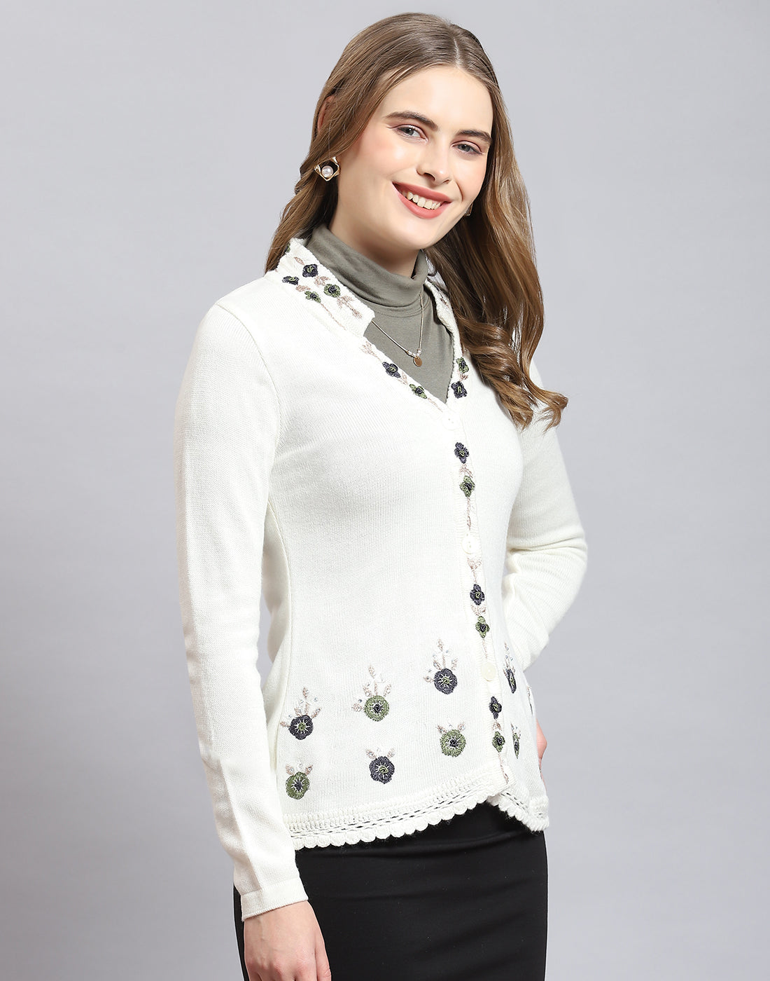 Women White Embroidered V Neck Full Sleeve Cardigan