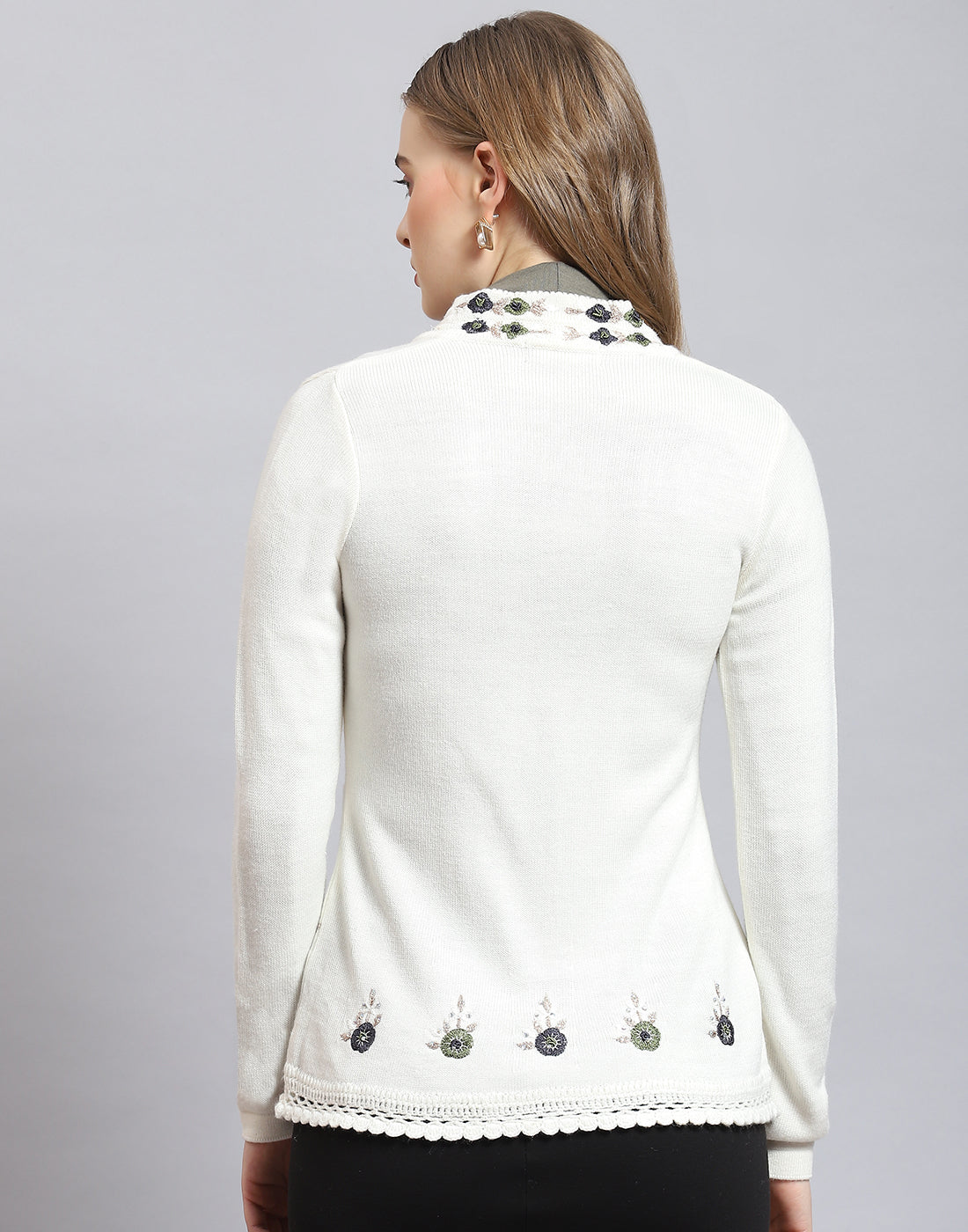 Women White Embroidered V Neck Full Sleeve Cardigan