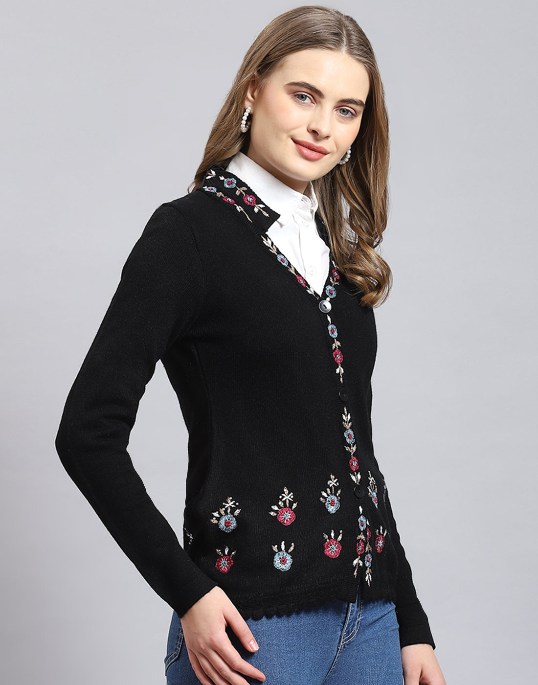 Women Black Embroidered V Neck Full Sleeve Cardigan