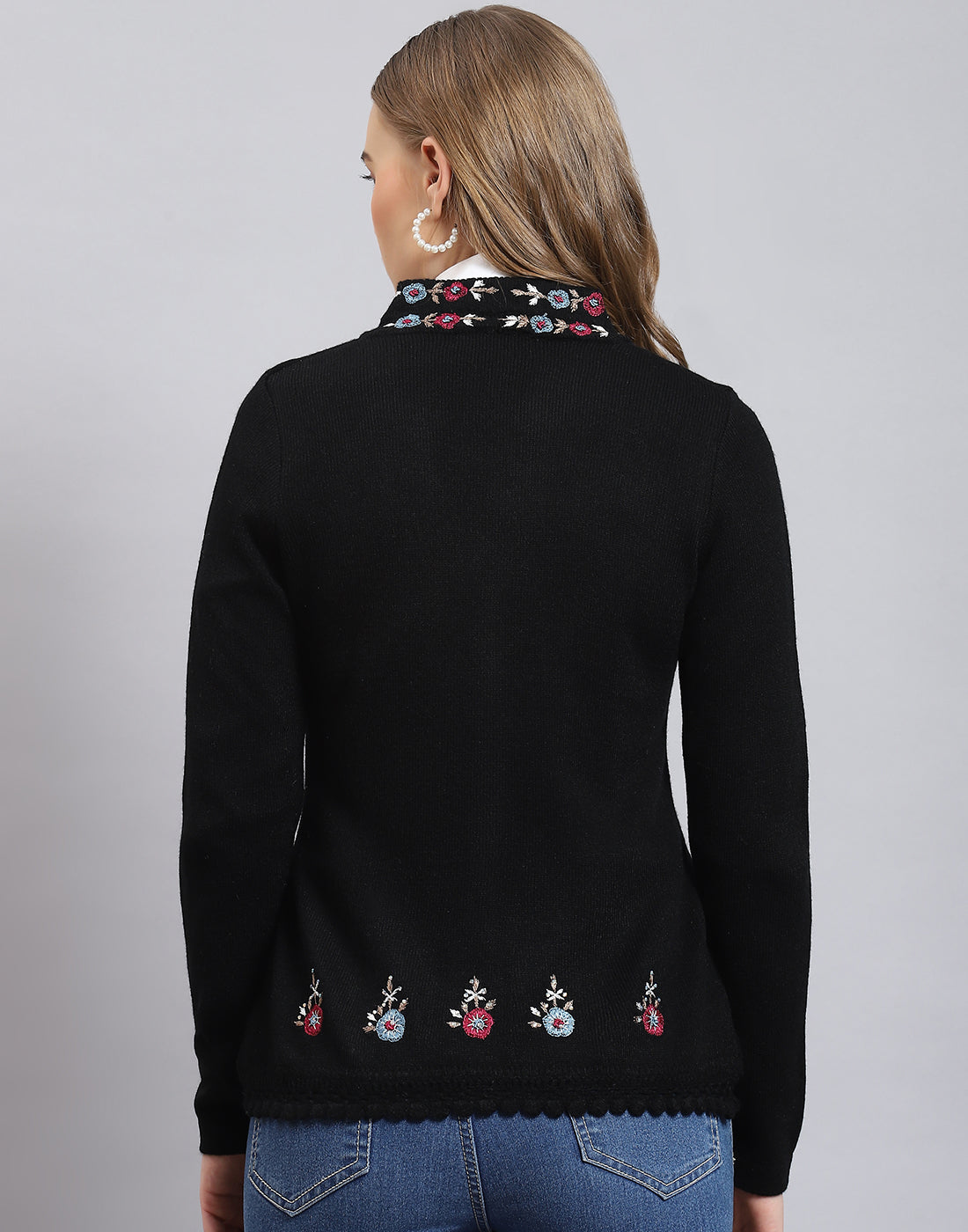 Women Black Embroidered V Neck Full Sleeve Cardigan