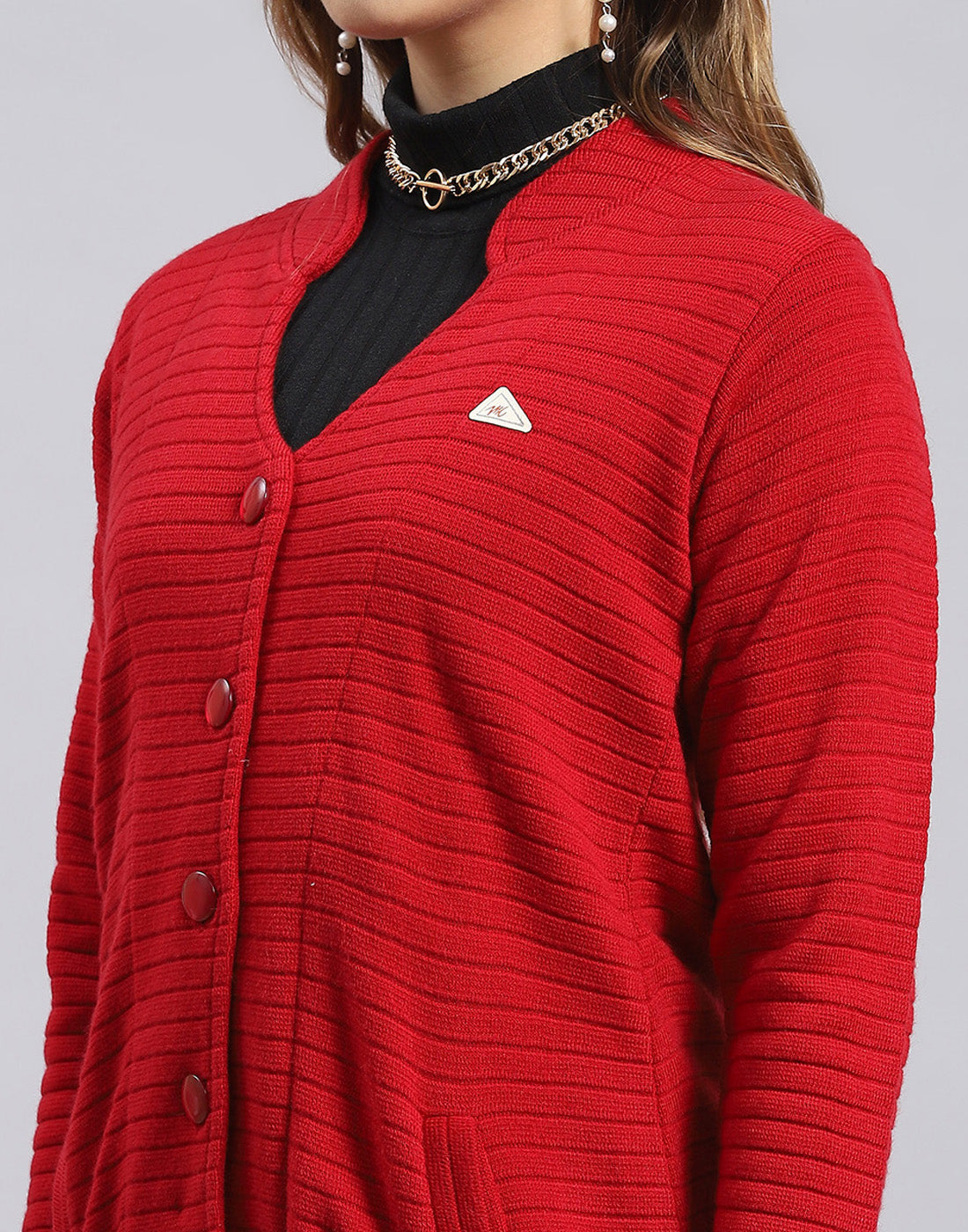 Women Red Self Design V Neck Full Sleeve Cardigan