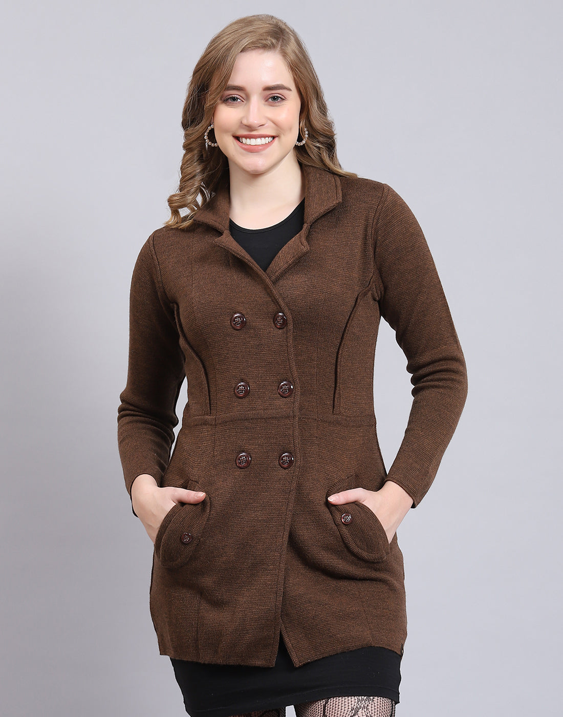 Women Brown Solid Lapel Collar Full Sleeve Cardigan