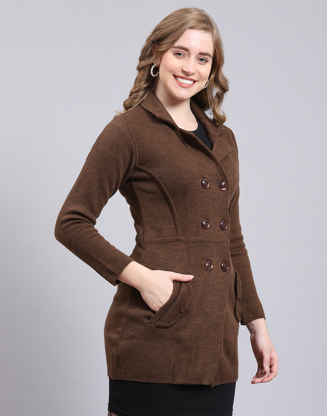 Women Brown Solid Lapel Collar Full Sleeve Cardigan