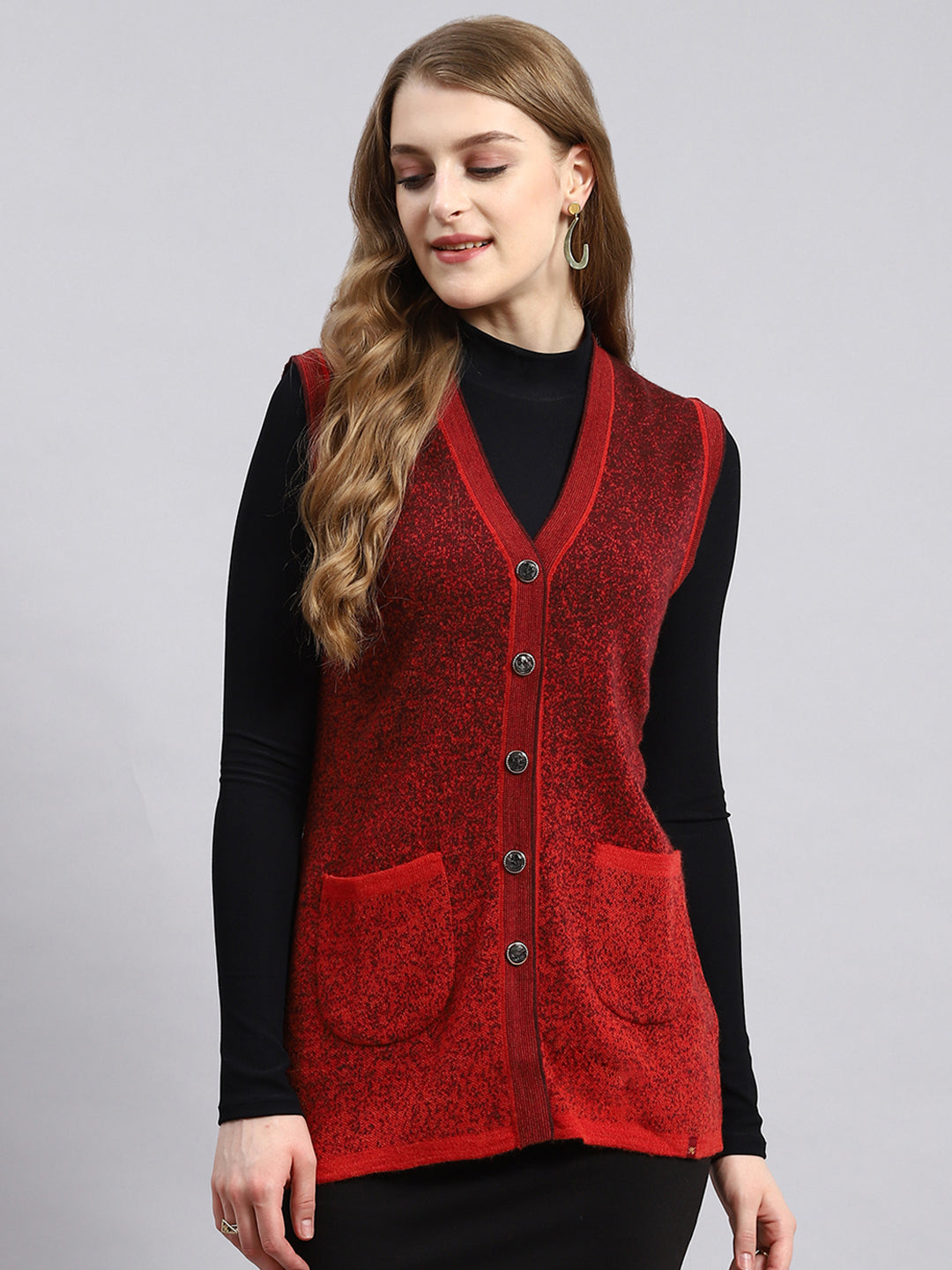 Women Red Jaquard Cardigan