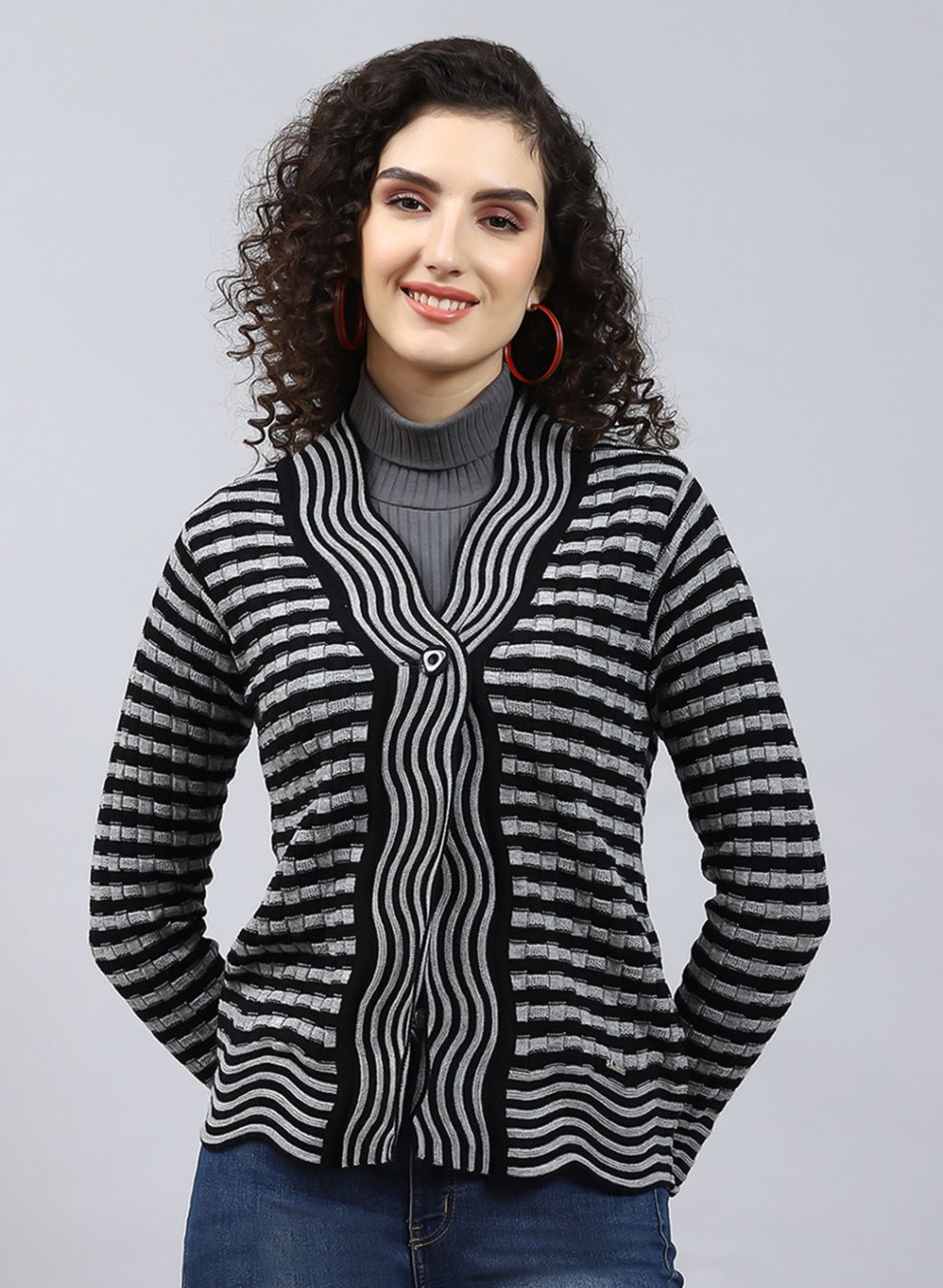 Women Black Stripe Wool blend Cardigan