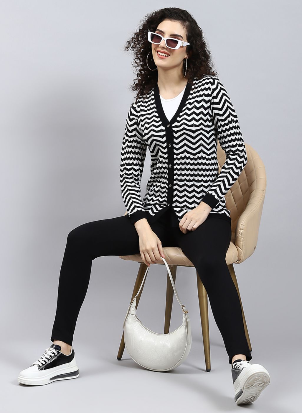 Women Black Stripe Wool blend Cardigan