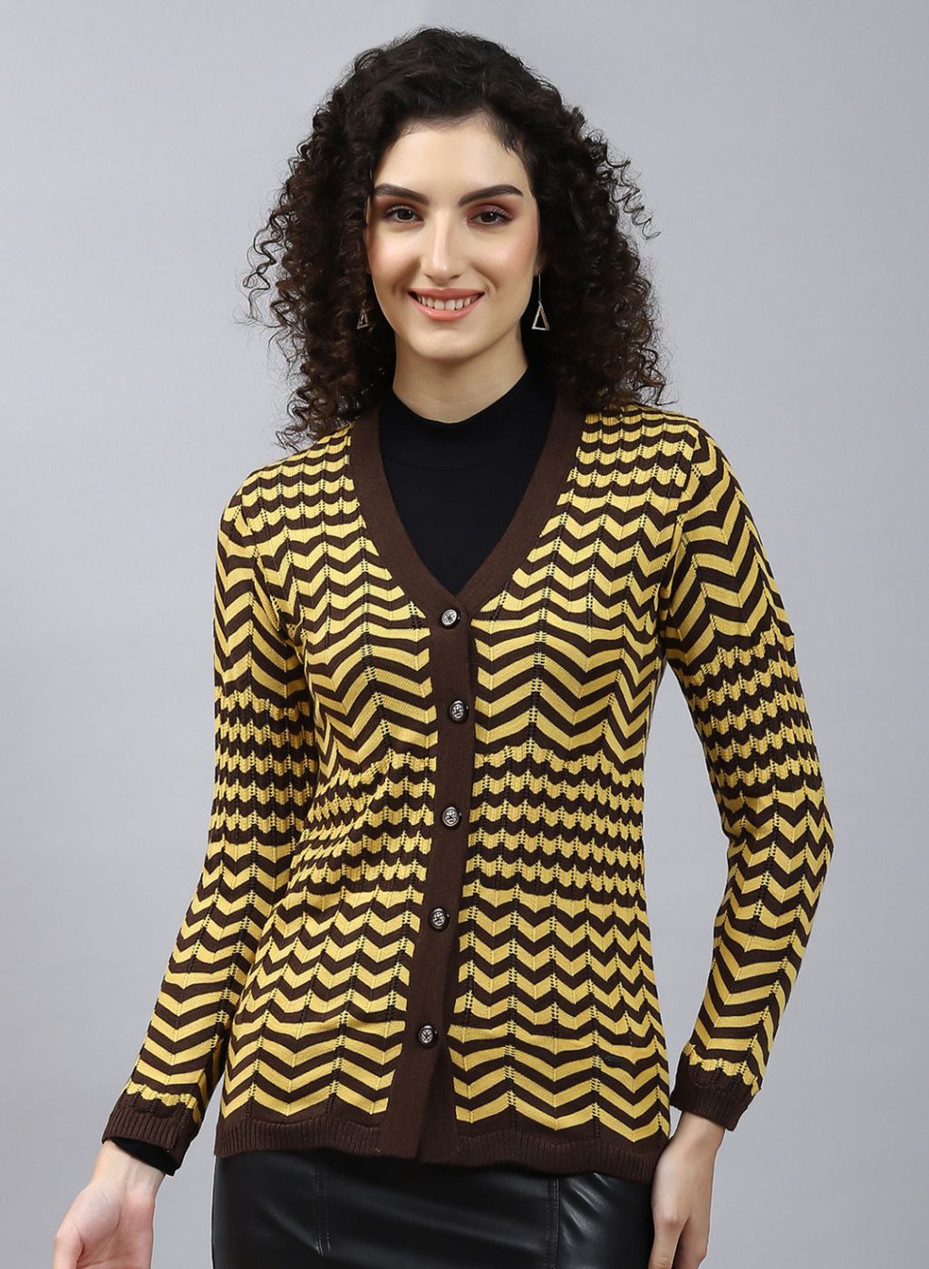 Women Brown Stripe Wool blend Cardigan