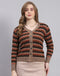Women Brown Self Design V Neck Full Sleeve Sweater