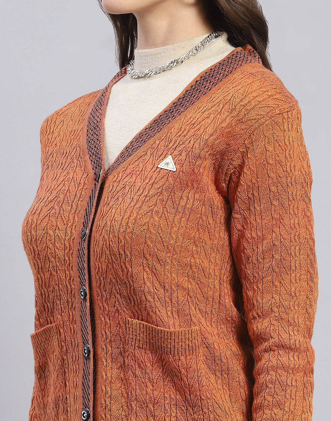 Women Rust Self Design V Neck Full Sleeve Cardigan