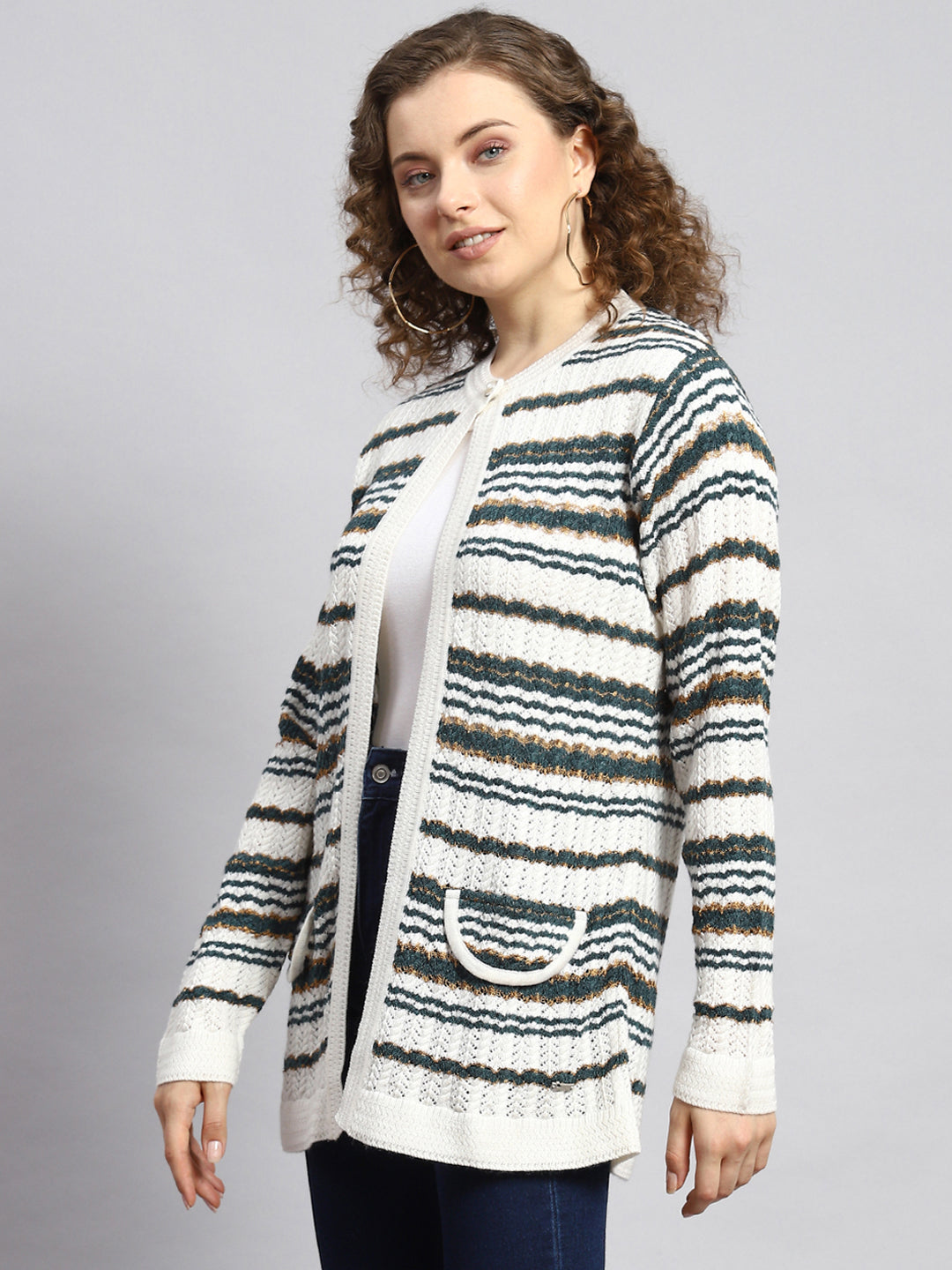 Women White Stripe Cardigan