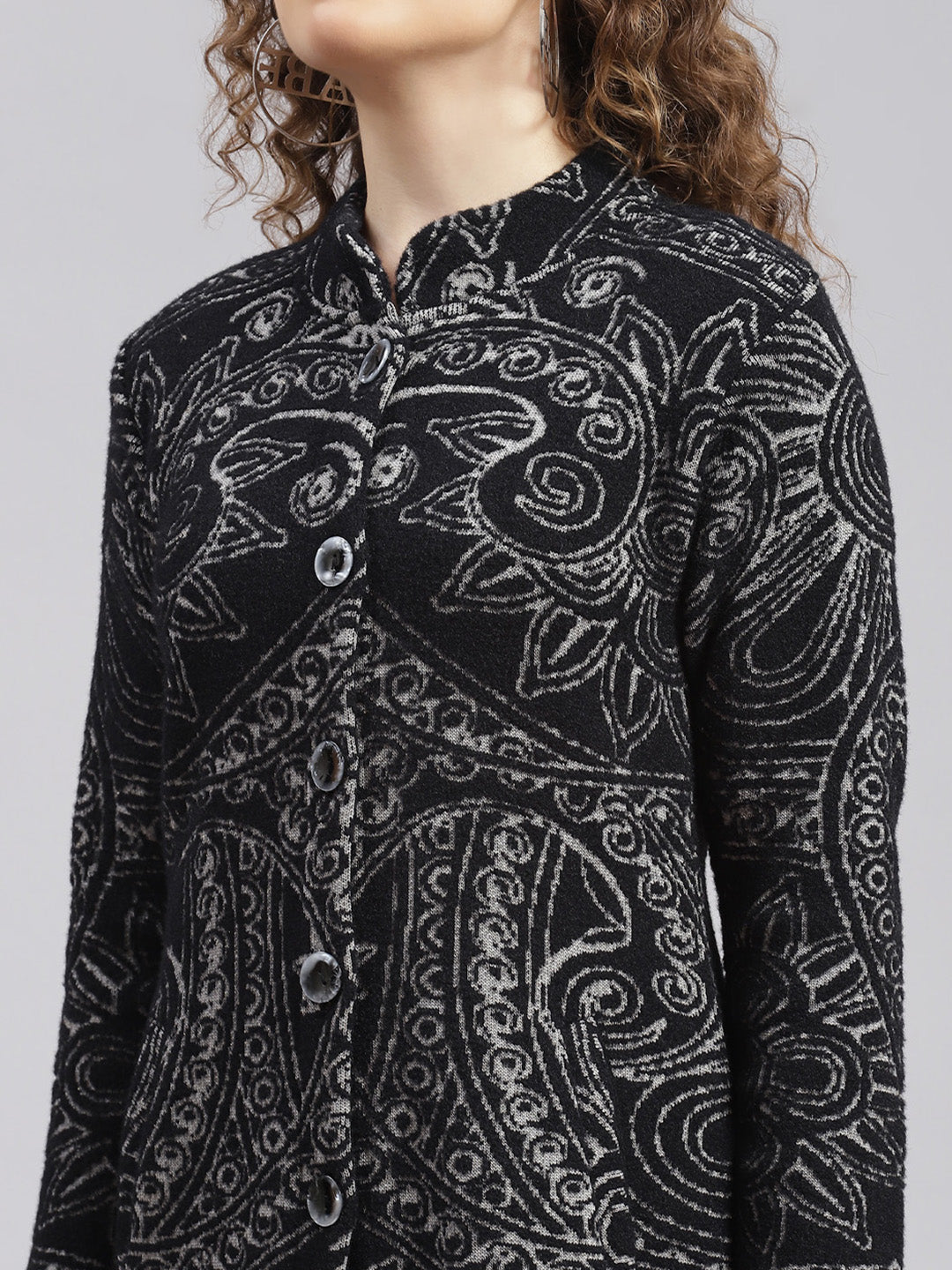 Women Black Jaquard Wool blend Knitted Coat