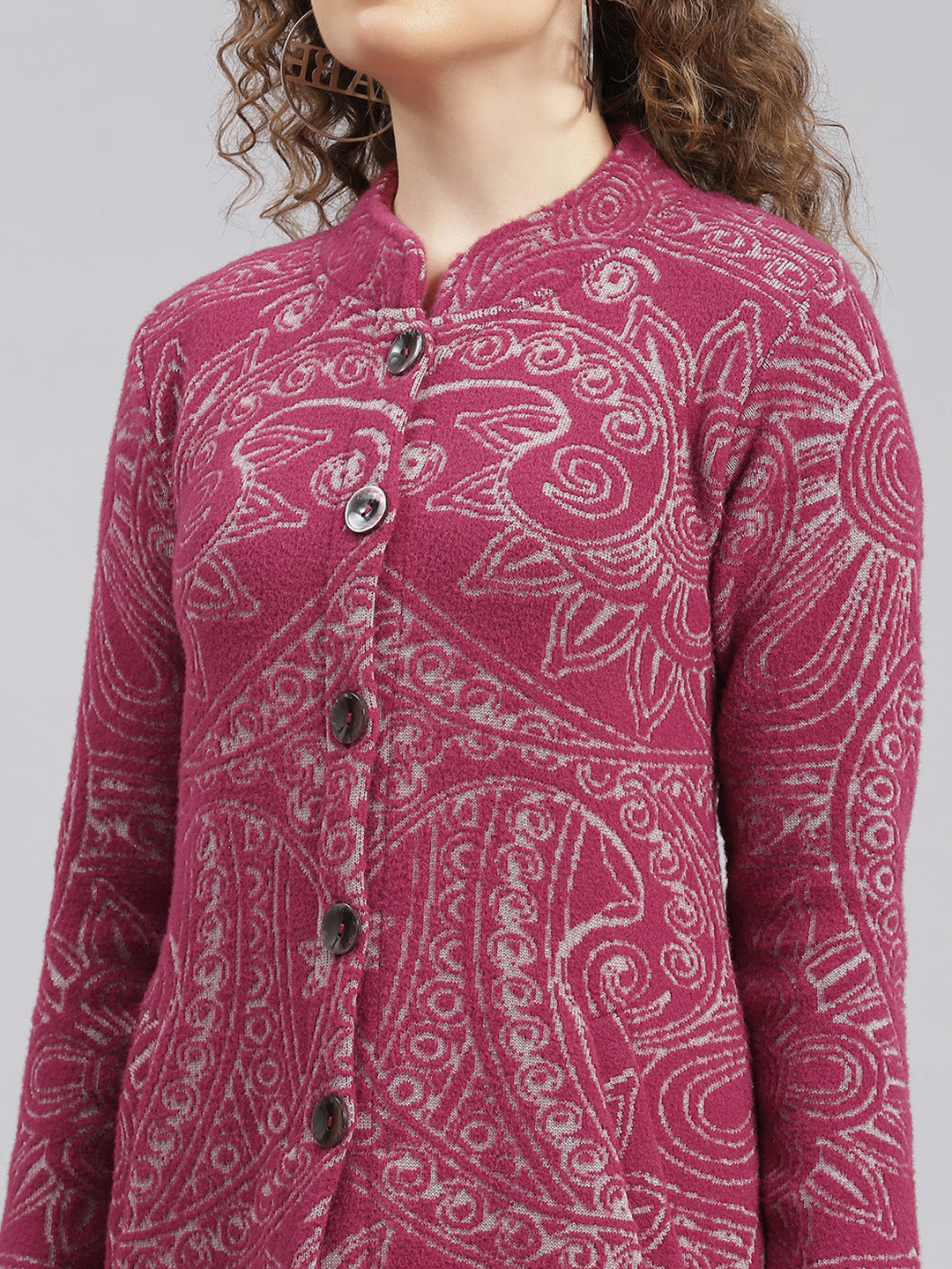 Women Maroon Jaquard Wool blend Knitted Coat